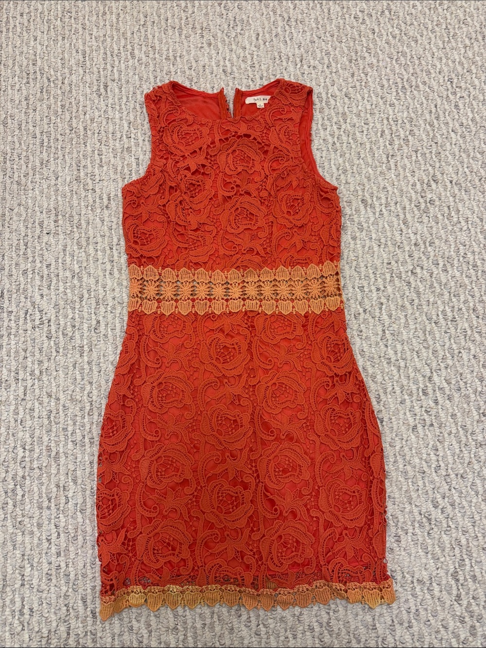 Just Me Orange-Red Lace Sheath Dress with Gold Waist Trim